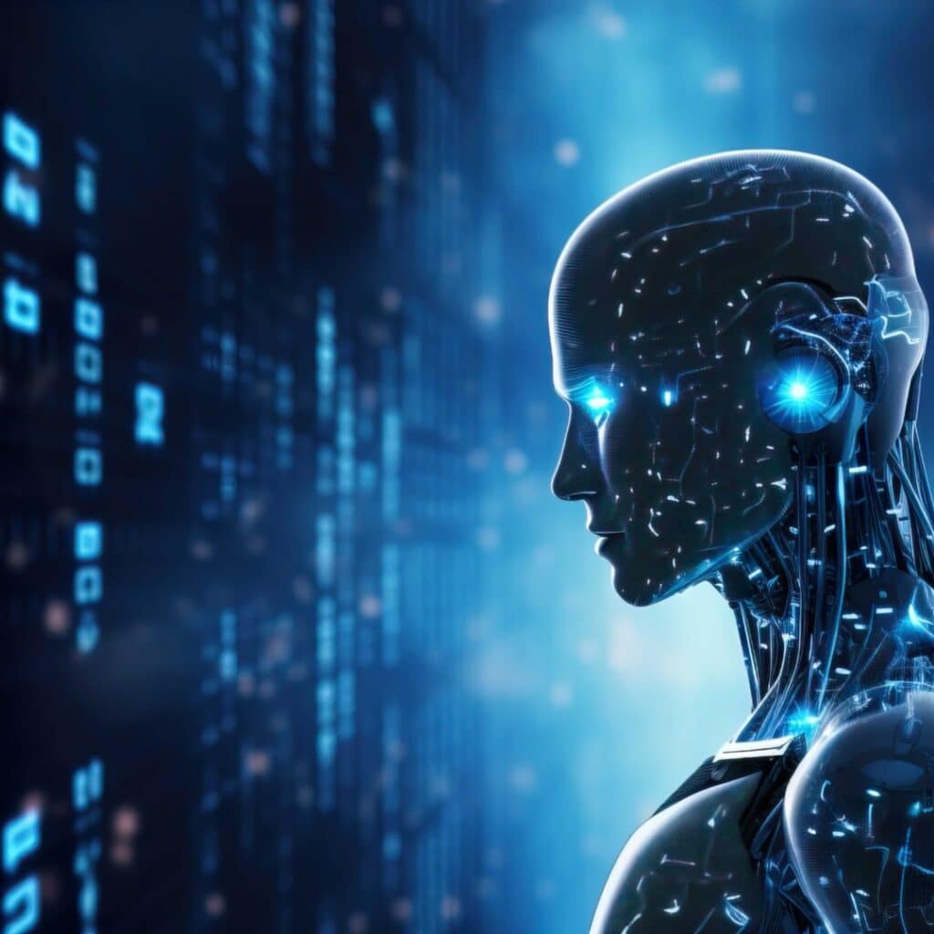 Futuristic humanoid robot with glowing blue eyes against a digital data background, symbolizing AI technology.
