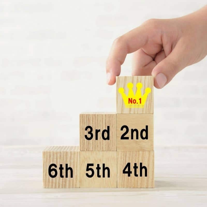 Hand placing a crown-topped block labeled No.1 on the top of a wooden block pyramid labeled 6th, 5th, 4th, 3rd, 2nd.