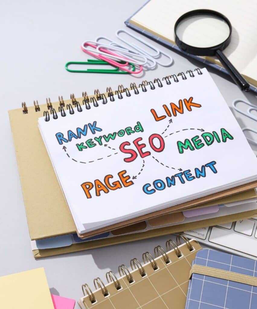 Notebook page with a colorful SEO mind map: SEO at center with branches to rank, link, content, page, media, keyword.