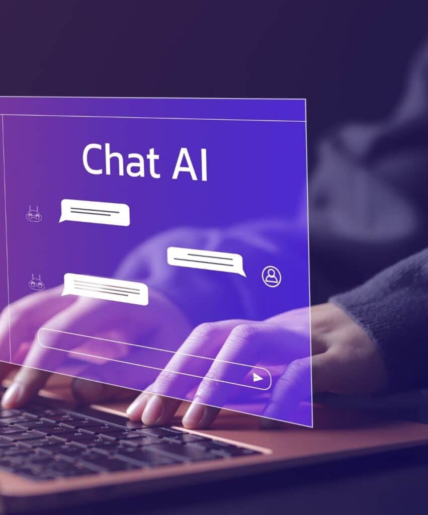 Hands typing on a laptop with a purple glass panel reading 'Chat AI' and floating chat bubbles
